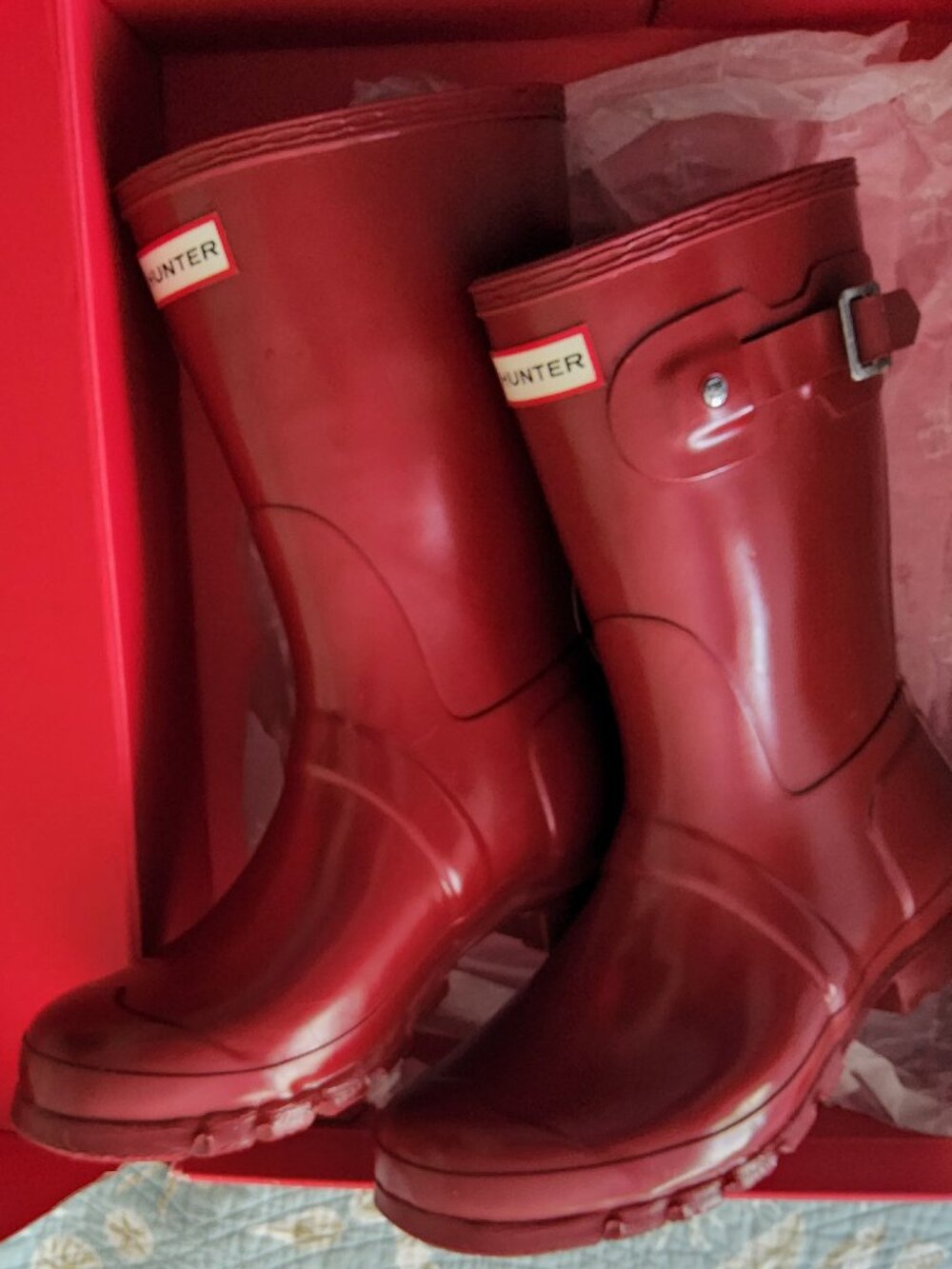 RED Hunter Boots Short Glossy Rain  Size 10 In Box